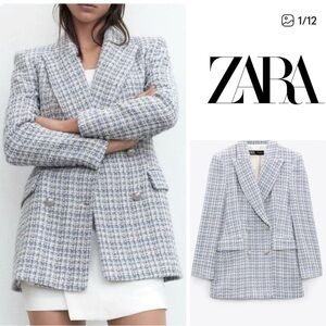 Zara textured double breasted tweed blue multi Blazer